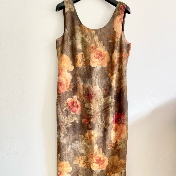 Vintage Dresses & Skirts - Vintage Pretty Floral Boho Farmhouse Romantic Fall Maxi Midi Shift Dress Neutral